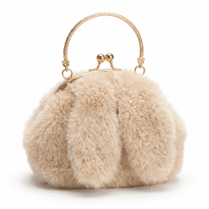 Luxury Faux Fur Handbag for Women – Beige Plush Evening Bag with Gold Frame & Handle