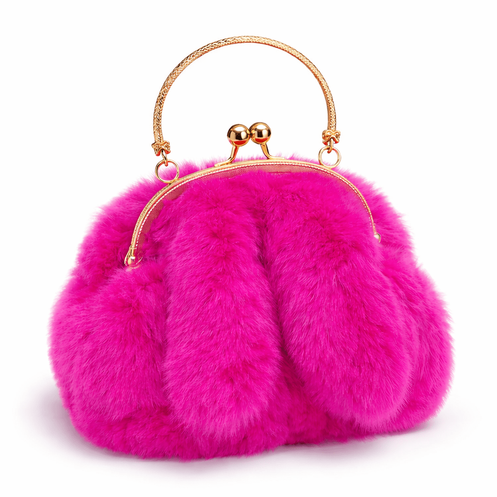 Luxury Faux Fur Handbag – Plush Clutch with Gold Frame & Chain Handle (Hot Pink)