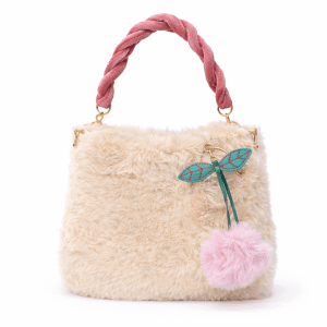 Cream Faux Fur Shoulder Bag with Pink Pom-Pom Charm & Twisted Velvet Strap