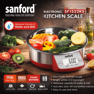 Sanford 5kg Digital Kitchen Scale - Stainless Steel Bowl & LCD Backlight