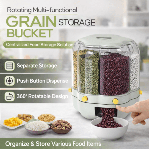 Rotating Multi-functional Grain Storage Bucket – 360° Dry Food Dispenser