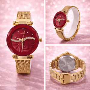 FITRON Red Dial Crystal Women’s Watch Gold Mesh Strap Elegant