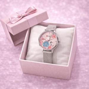 CURREN Blanche Floral Women’s Watch Silver Mesh Strap Elegant