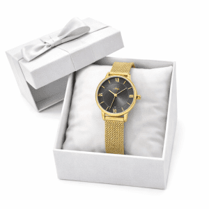 Elegant Women’s Gold Mesh Strap Watch Black Dial Roman Numbers