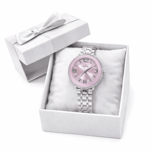 FITRON Women’s Pink Dial Watch Silver Strap Crystal Bezel Elegant