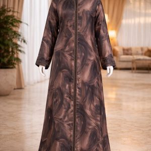 Elegant Brown Printed Abaya for Women Modest Long Sleeve Dress