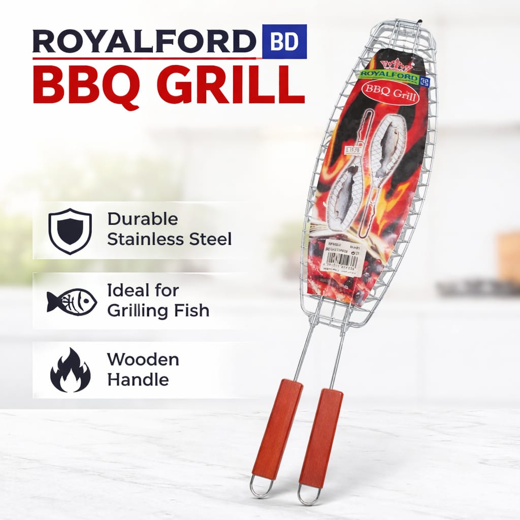 Royalford BBQ Grill Fish Basket Stainless Steel Barbecue Grill Rack