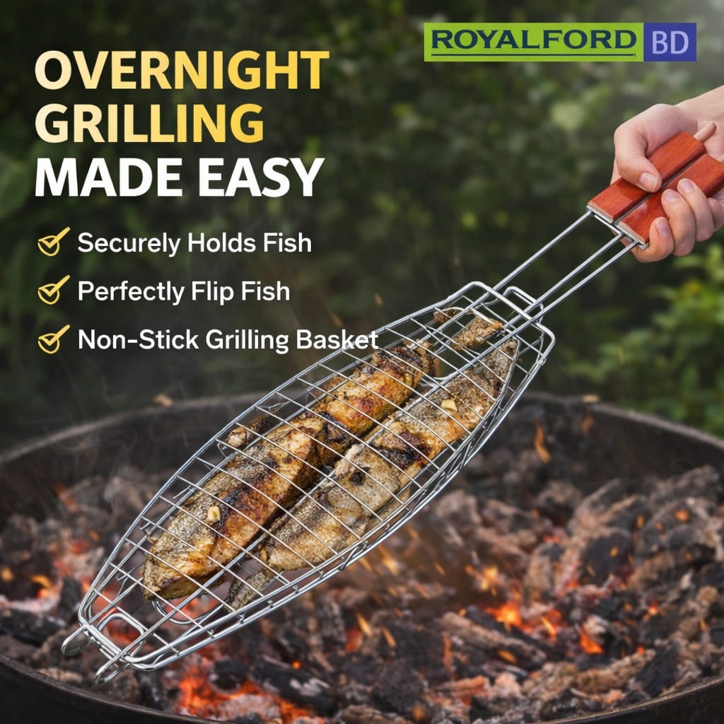Royalford BBQ Grill Fish Basket Stainless Steel Barbecue Grill Rack - Image 2