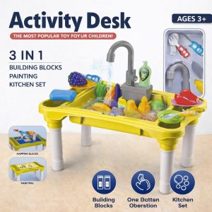 3-in-1 Kids Activity Desk Building Blocks Painting Kitchen Play Set