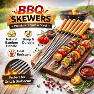 BBQ Stainless Steel Skewers with Wooden Handle Barbecue Grill Sticks