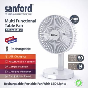 Sanford SF6667MFN Rechargeable Table Fan with LED Light 4600mAh