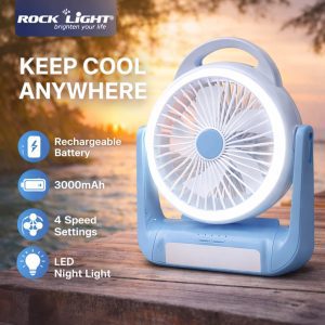 Rock Light Rechargeable Portable Fan with LED Light 3000mAh