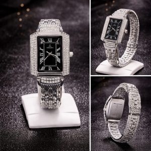 Luxury Women’s Crystal Watch Silver Bracelet Elegant Roman Dial