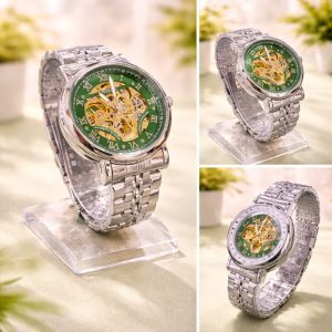Luxury Men’s Skeleton Watch Silver Steel Automatic Green Dial