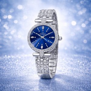 Women’s Silver Bracelet Watch Blue Dial Elegant Designer Wrist Watch
