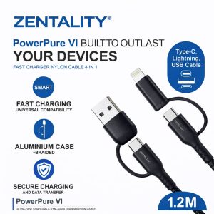 Zentality PowerPure VI 4-in-1 Fast Charging Nylon USB Cable 1.2M