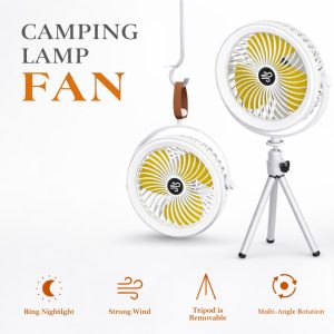 Portable Camping Fan With LED Light Tripod Rechargeable Cooling