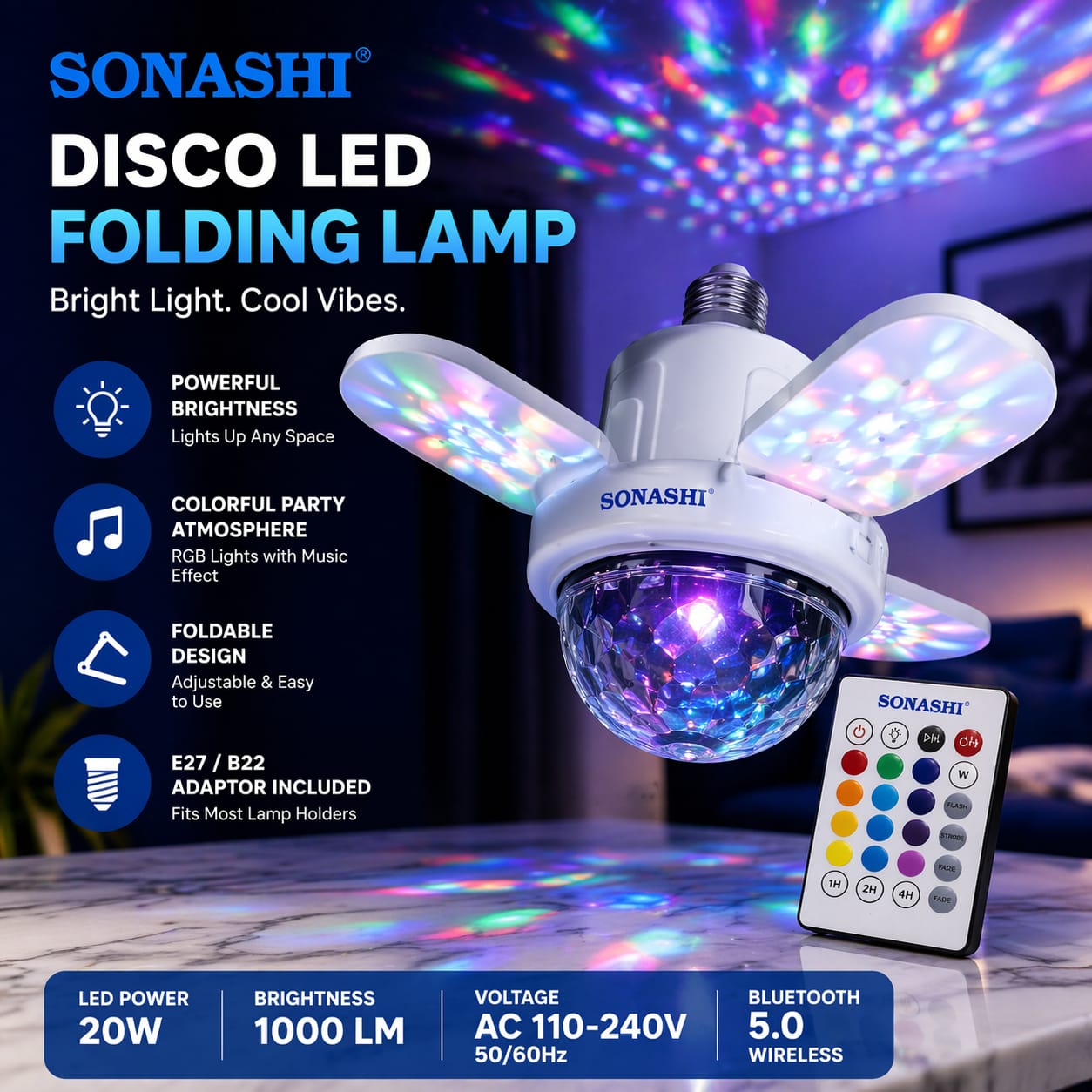 Sonashi LED Folding Lamp With Bluetooth Speaker Disco Light