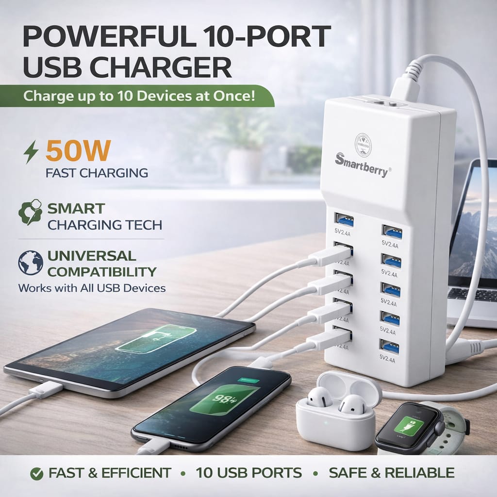 Smartberry 10 Port USB Charger 50W Fast Charging Travel Adapter