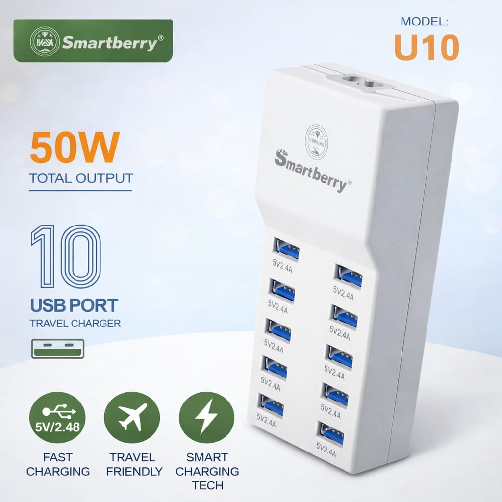 Smartberry 10 Port USB Charger 50W Fast Charging Travel Adapter - Image 2