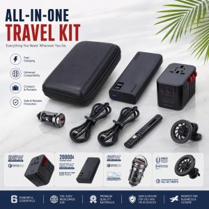 All In One Travel Kit Power Bank Adapter Cables Charger Set
