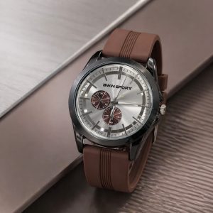 Stylish Men’s Analog Sports Watch With Brown Silicone Strap