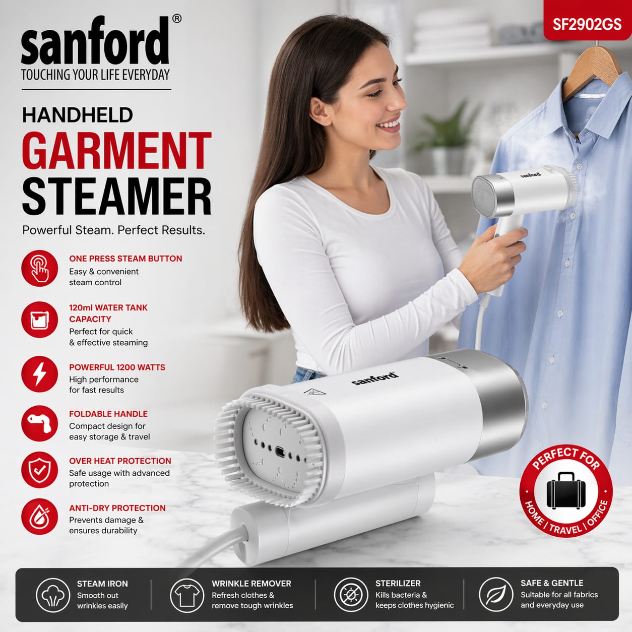 Sanford Handheld Garment Steamer 1200W Portable Steam Iron - Image 2
