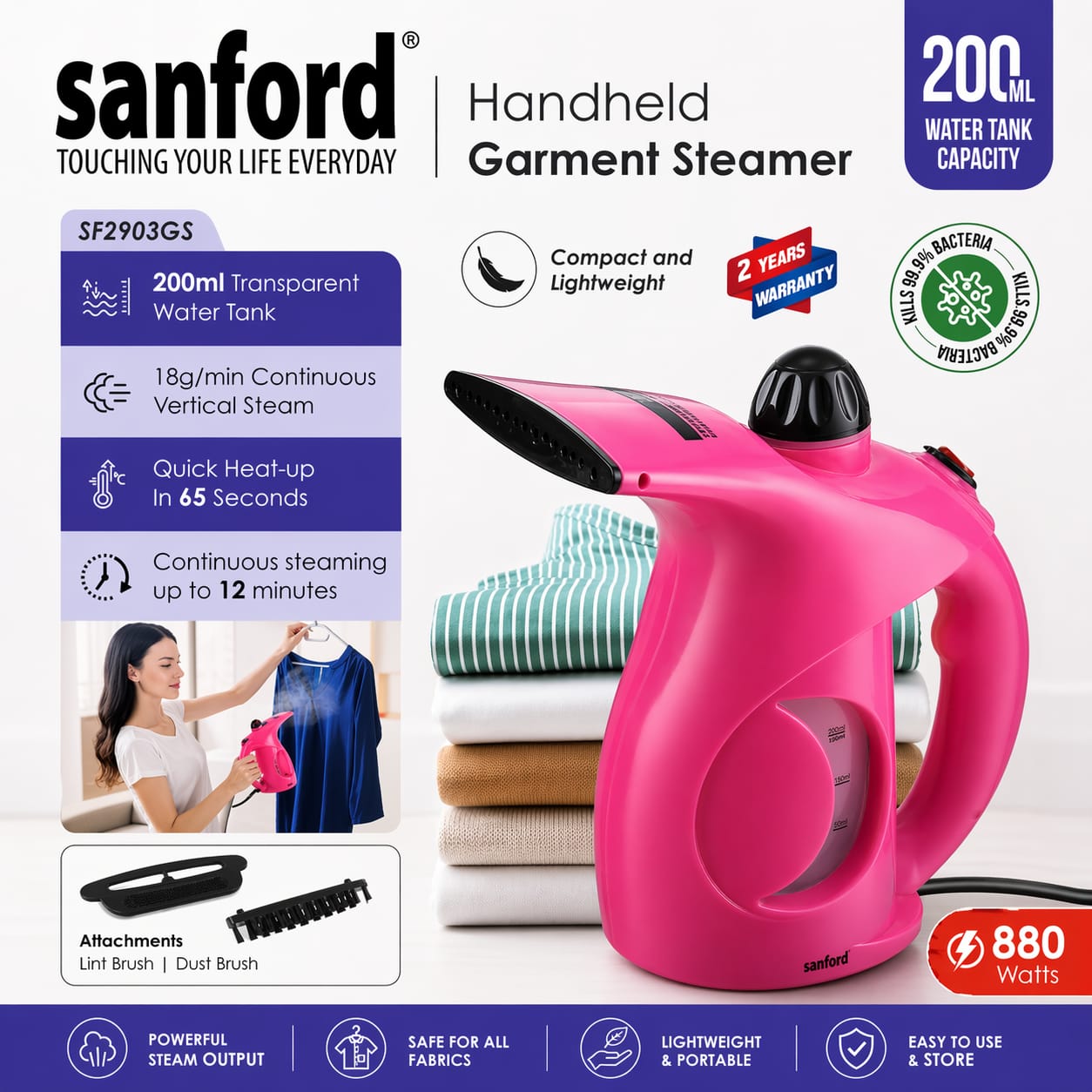 Sanford Handheld Garment Steamer 880W Portable Fabric Steamer