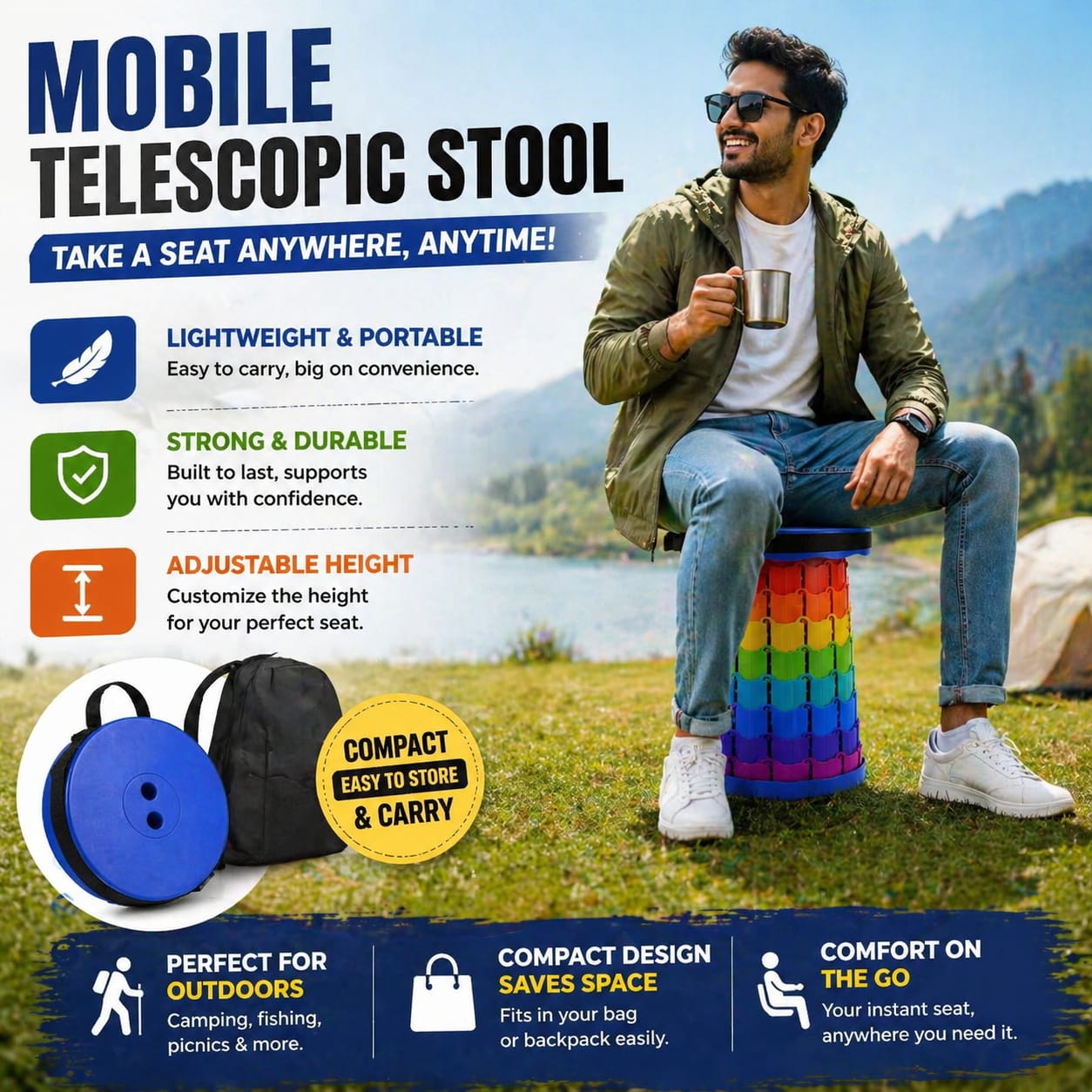 Portable Adjustable Folding Camping Stool Lightweight Travel Seat