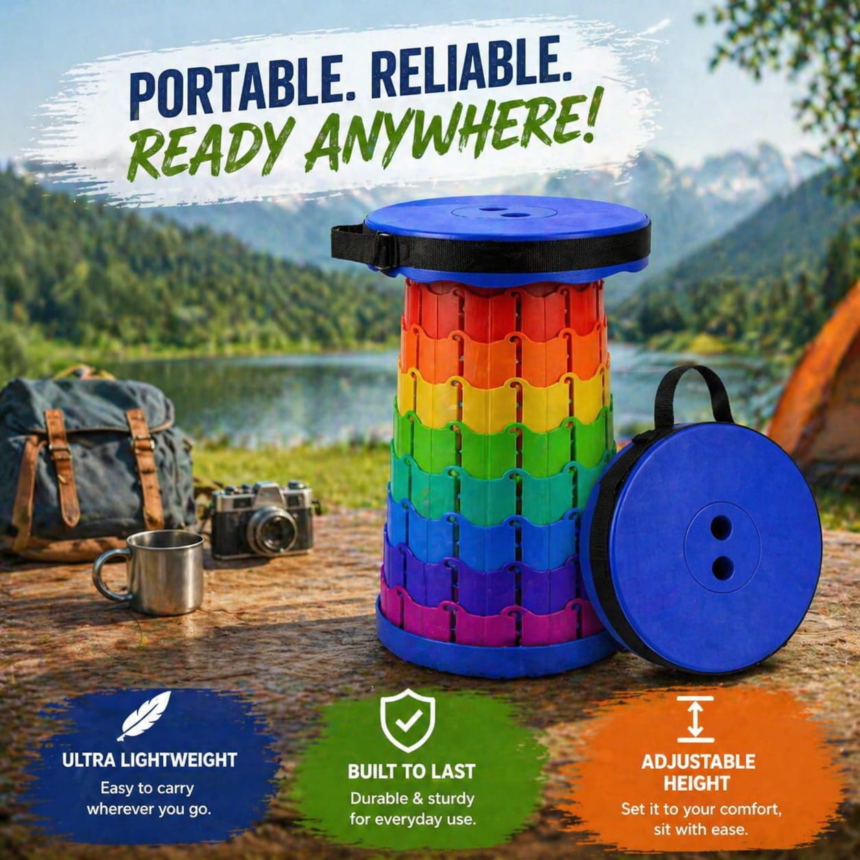 Portable Adjustable Folding Camping Stool Lightweight Travel Seat - Image 2