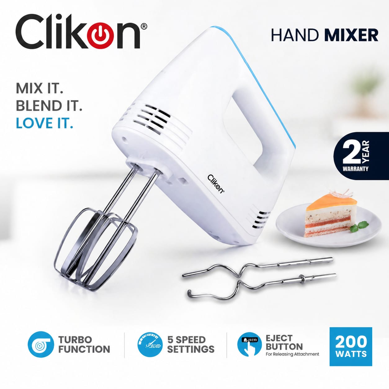 Clikon 200W Hand Mixer With Turbo Function And 5 Speed Settings